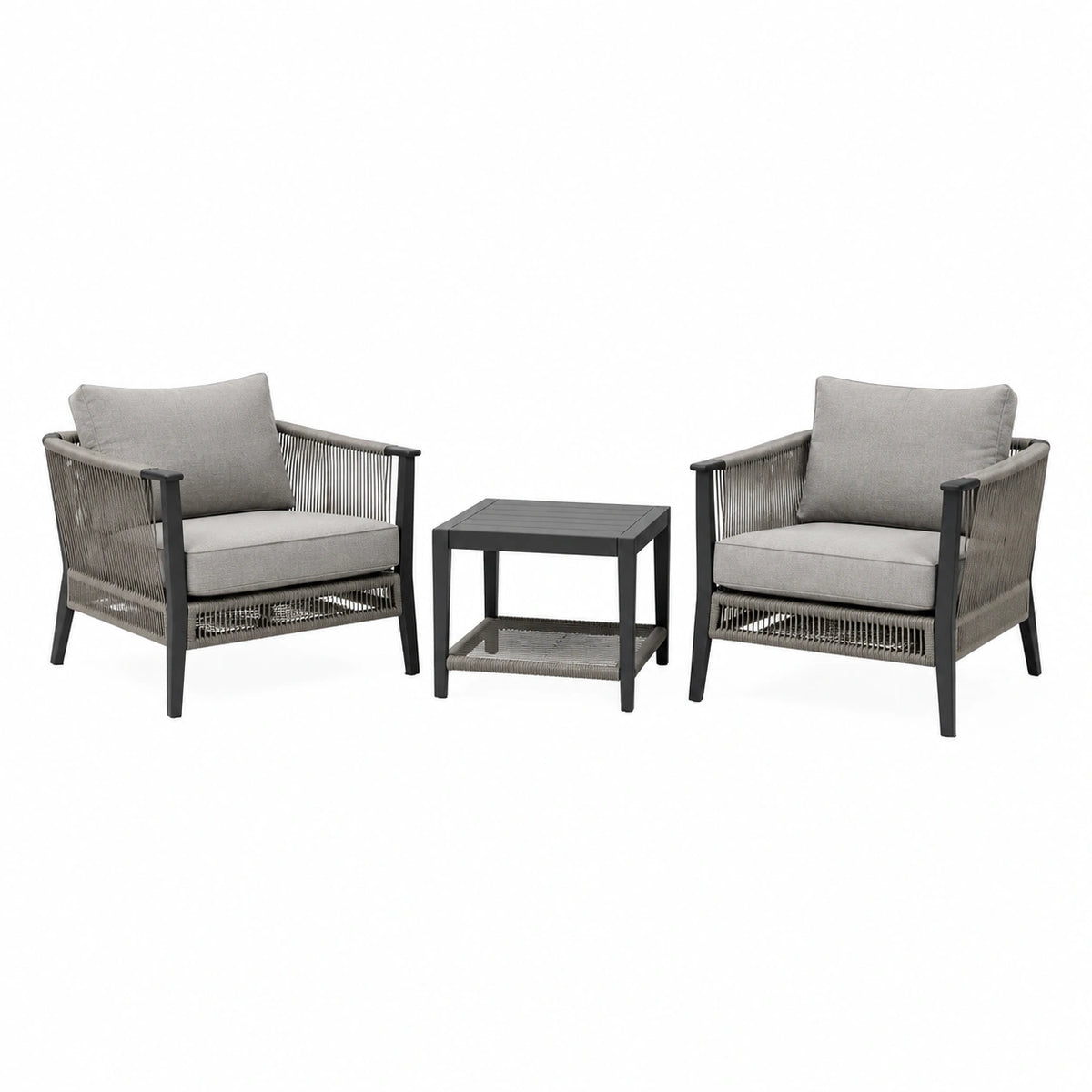 3-teiliges Gartenmöbel-Set Grau/Schwarz mit 2 Sesseln 72 × 76 × 78 cm und Beistelltisch 50 × 50 × 45 cm