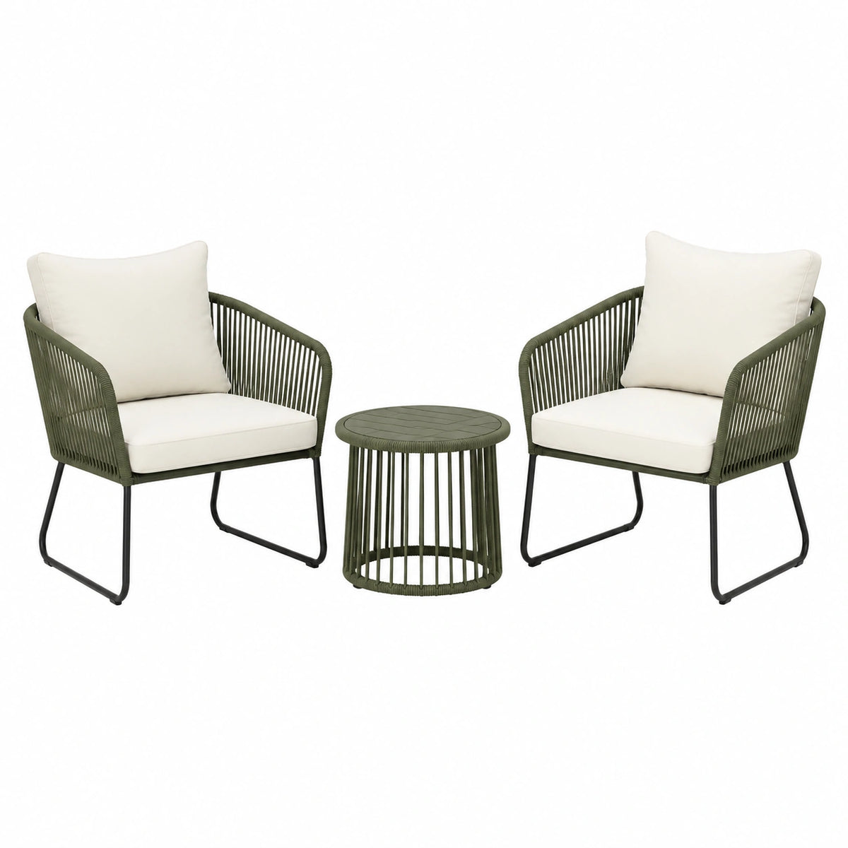 3-teiliges Gartenmöbel-Set mit 2 Sesseln und rundem Beistelltisch, Olivgrün/Schwarz/Creme, Sessel 68 x 72 x 82 cm, Tisch Ø 50 x 50 cm