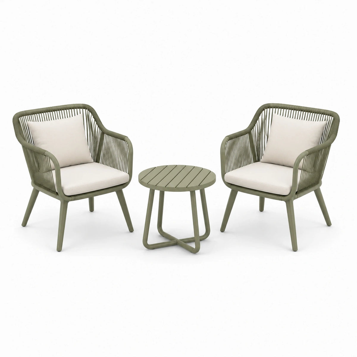 3-teiliges Gartenmöbel-Set mit 2 Sesseln 72 × 76 × 82 cm und rundem Tisch Ø 55 × 45 cm, Olivgrün/Creme