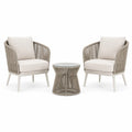 3-teiliges Outdoor-Loungeset in Creme und Taupe mit 2 Sesseln und rundem Glastisch, Sessel 70 × 75 × 85 cm, Tisch Ø 50 × 45 cm