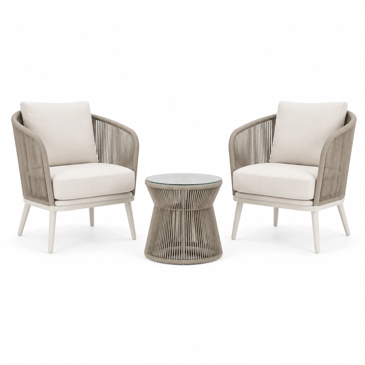 3-teiliges Outdoor-Loungeset in Creme und Taupe mit 2 Sesseln und rundem Glastisch, Sessel 70 × 75 × 85 cm, Tisch Ø 50 × 45 cm
