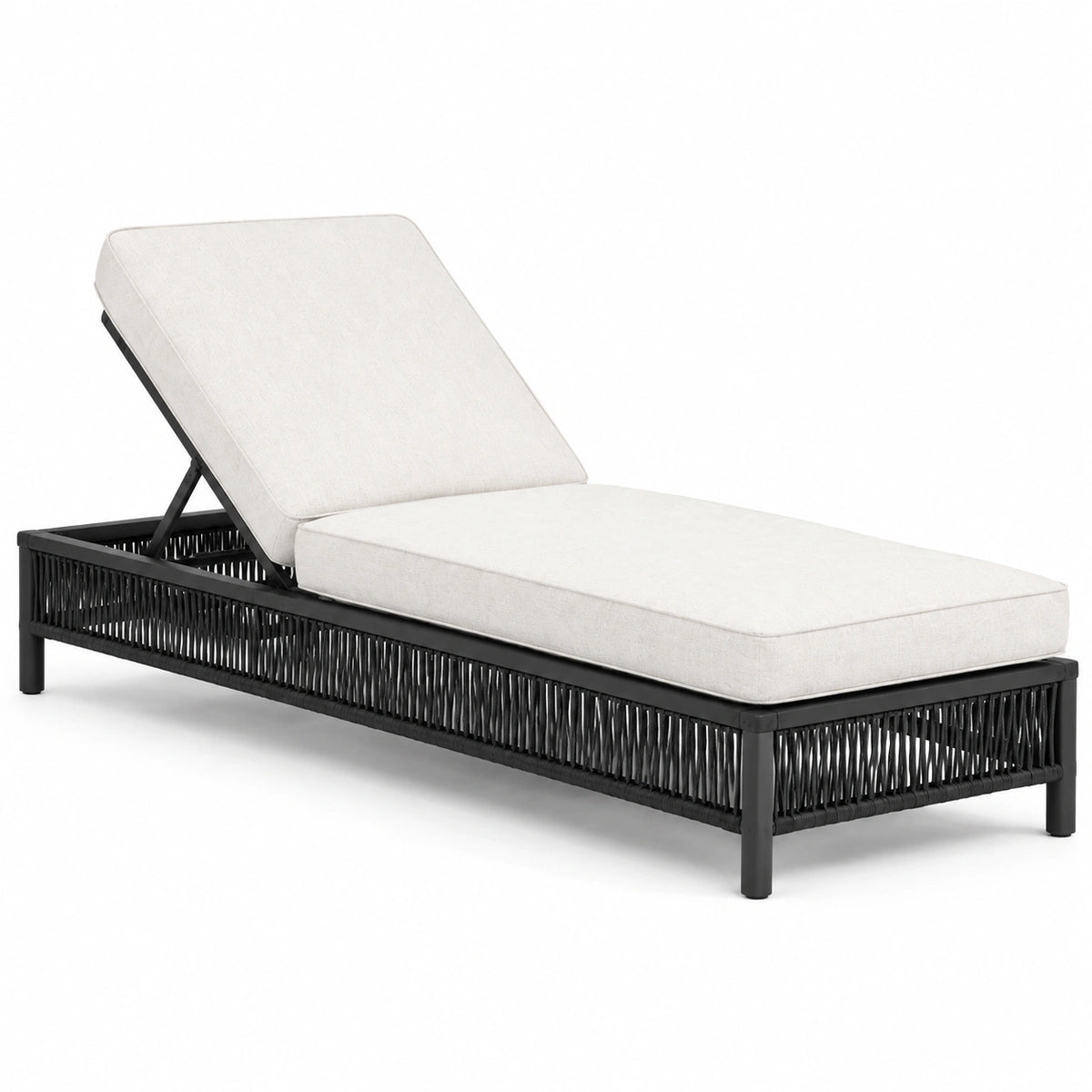 Verstellbare Gartenliege 200 × 70 × 88 cm mit schwarzem Metallgestell, Geflecht und beiger Polsterung
