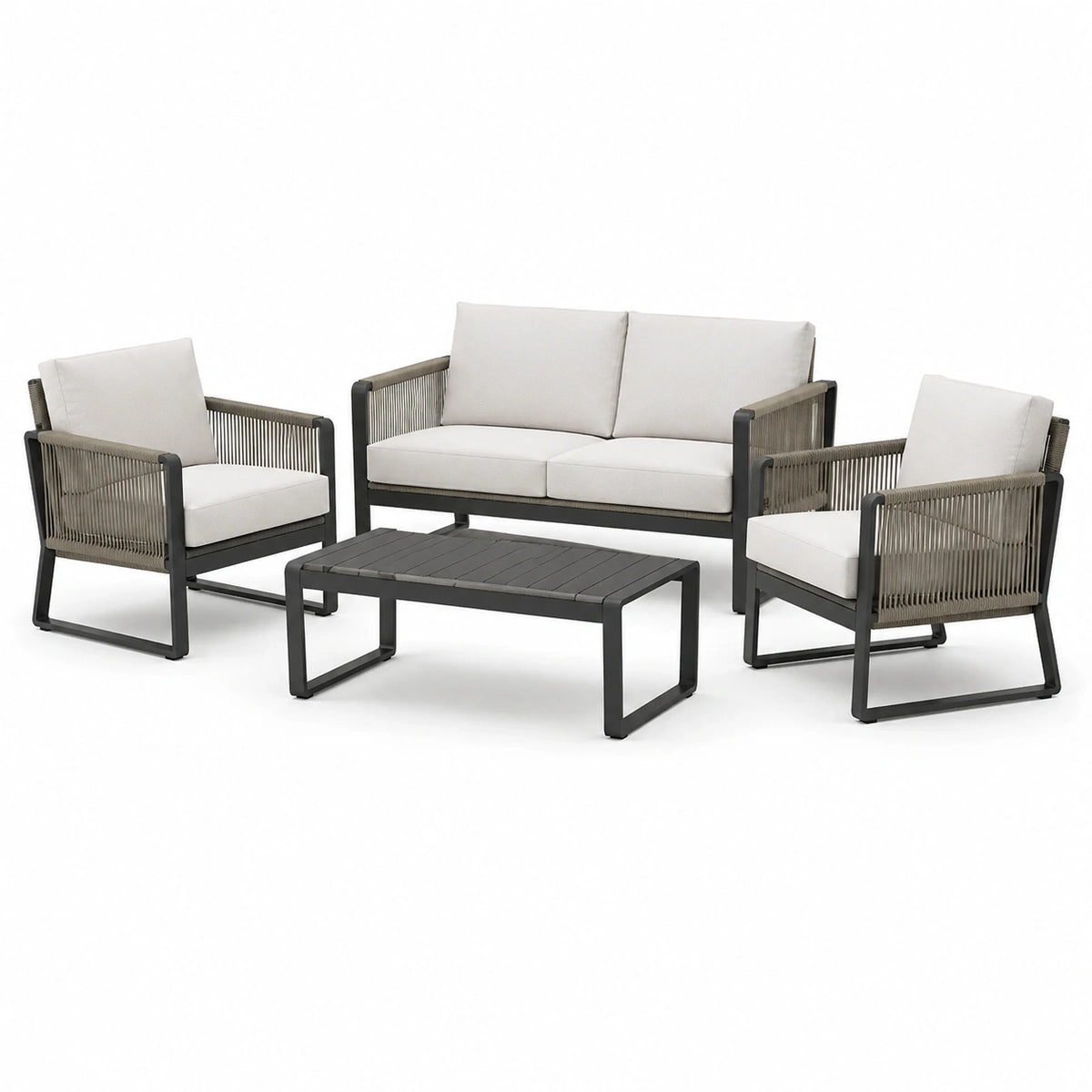 4-teiliges Gartenmöbel-Set aus Aluminium und Seilgeflecht, Anthrazit/Taupe/Creme, Sofa 210 × 80 × 78 cm