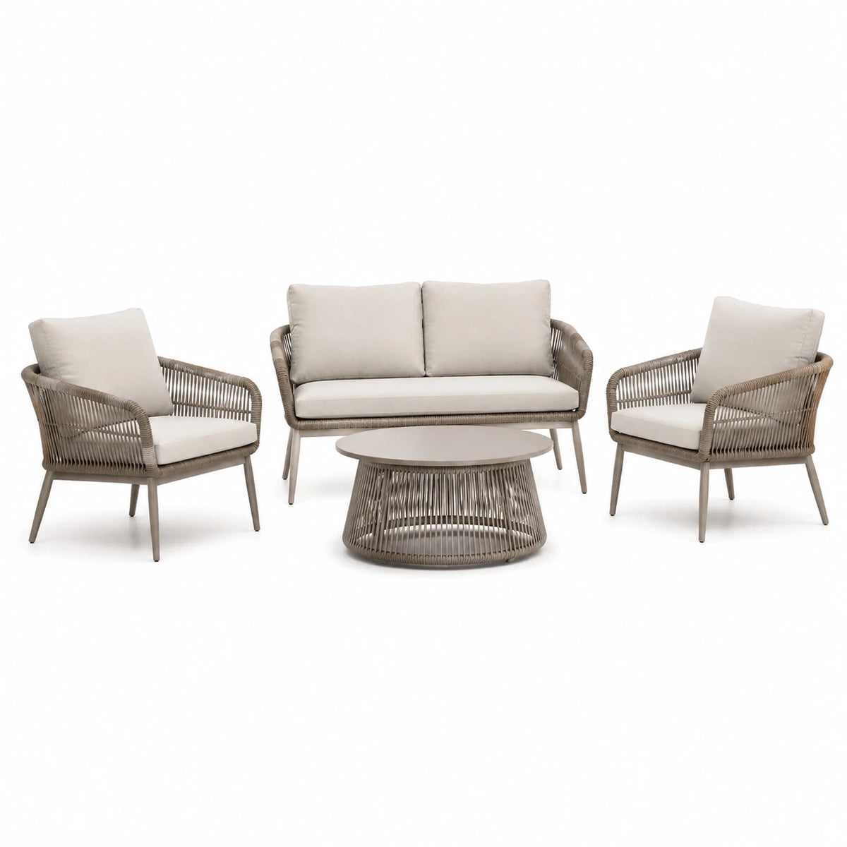 4-teiliges Loungeset in Taupe/Beige mit Zweisitzer, 2 Sesseln und rundem Tisch, 126 × 70 × 78 cm