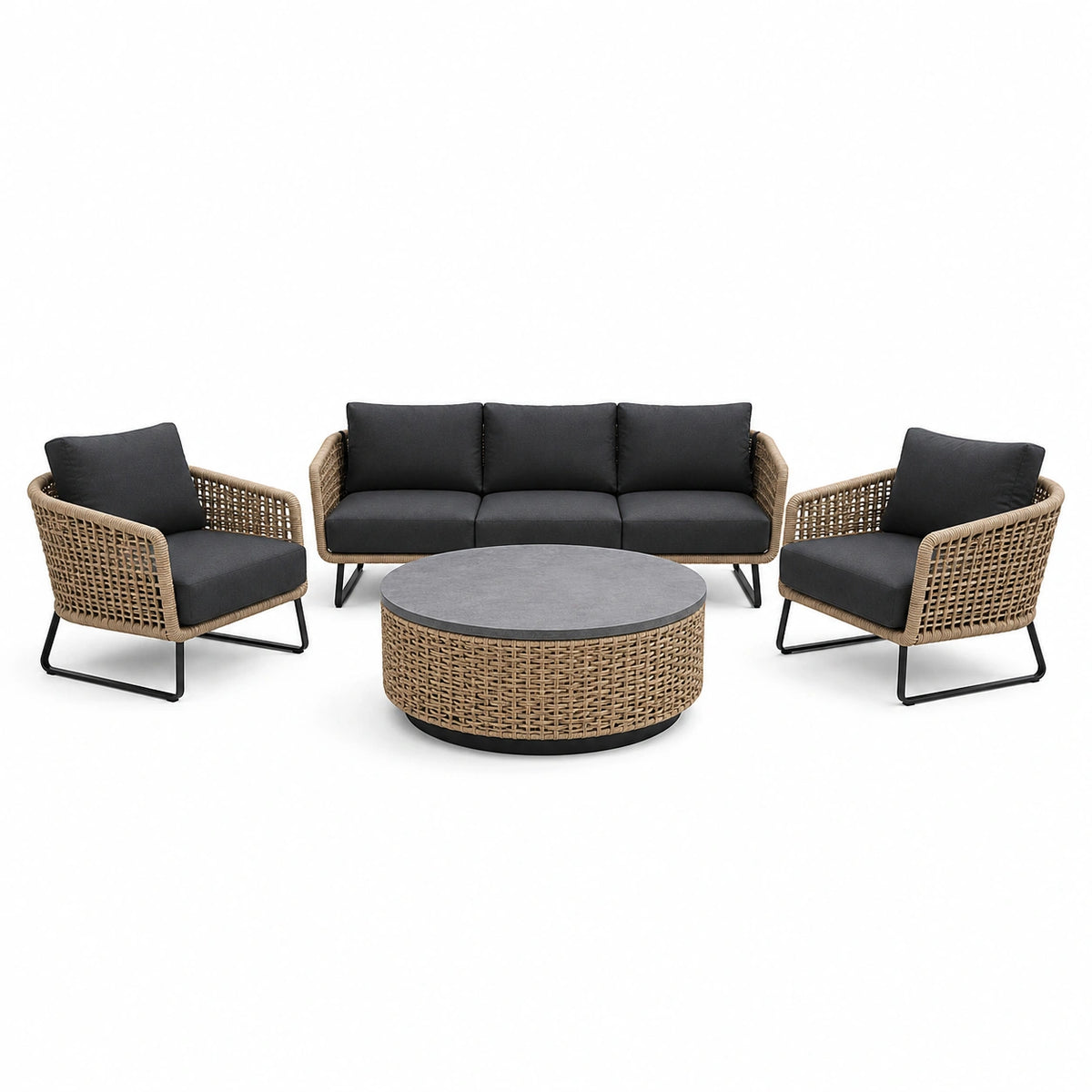 4-teiliges Garten-Loungeset mit 3-Sitzer-Sofa, 2 Sesseln und rundem Couchtisch, Beige/Anthrazit/Grau/Schwarz, Sofa 210 × 78 × 78 cm