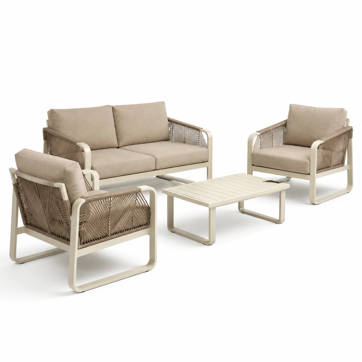 4-teiliges Gartenmöbel-Set aus Aluminium mit Seilbespannung, Beige/Creme, Zweisitzer 172 × 75 × 75 cm, Sessel 75 × 75 × 75 cm, Tisch 110 × 60 × 43 cm