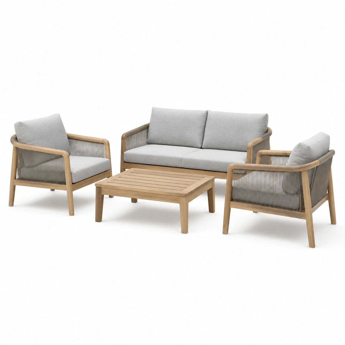 4-teiliges Gartenmöbel-Set Naturholz/Grau mit Zweisitzer, 2 Sesseln und Couchtisch, Zweisitzer 150 × 75 × 78 cm