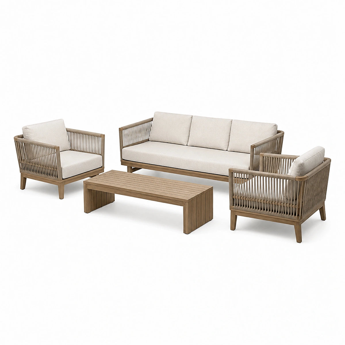 4-teiliges Lounge-Set aus Holz und Seilgeflecht in Beige/Braun, Sofa 200 × 80 × 78 cm