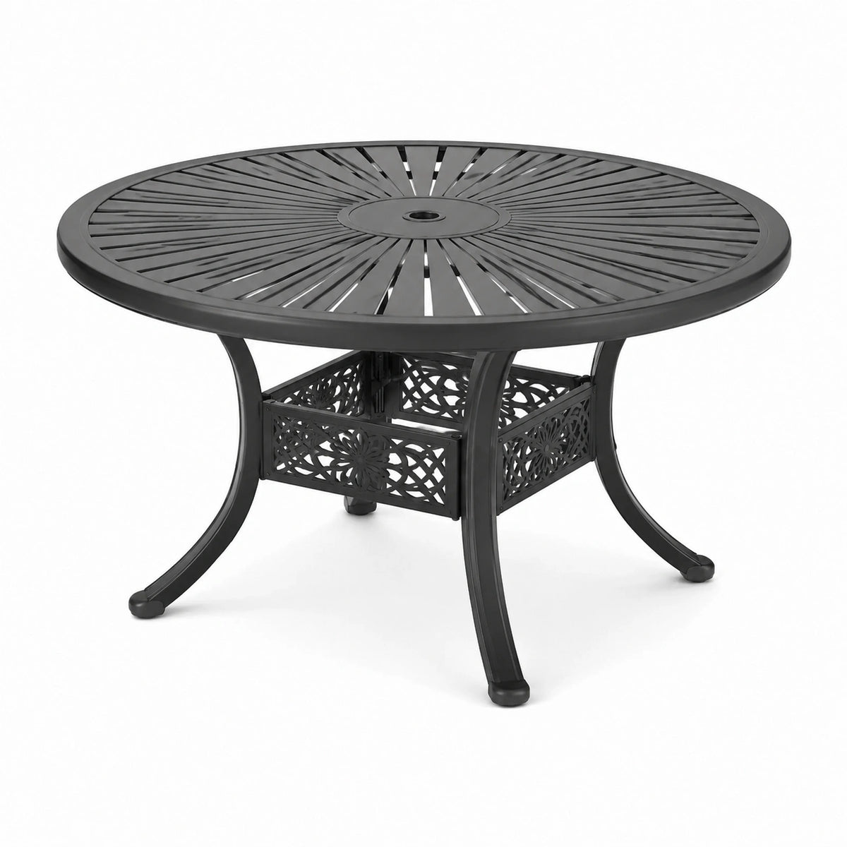 Runder Gartentisch aus schwarzem Metall, Ø 107 × 73 cm, mit Sonnenschirmöffnung und Ablagekorb