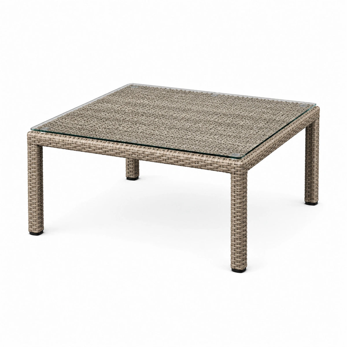 Quadratischer Gartentisch 100 × 100 × 45 cm aus beigem Kunststoffgeflecht mit transparenter Glasplatte