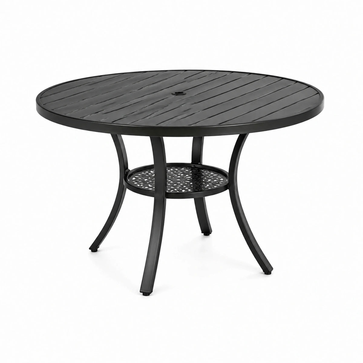 Runder Gartentisch aus Metall, Ø 105 × 72 cm, Schwarz, mit Sonnenschirmöffnung