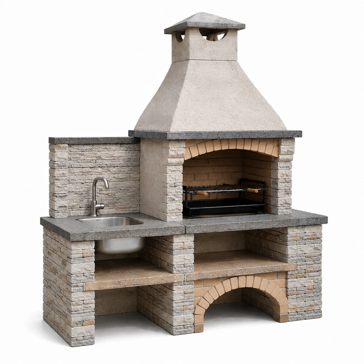 Gartenküche aus Stein mit Grill, Spüle und Abzugshaube, 180 × 70 × 220 cm, Beige/Grau/Schwarz/Silber