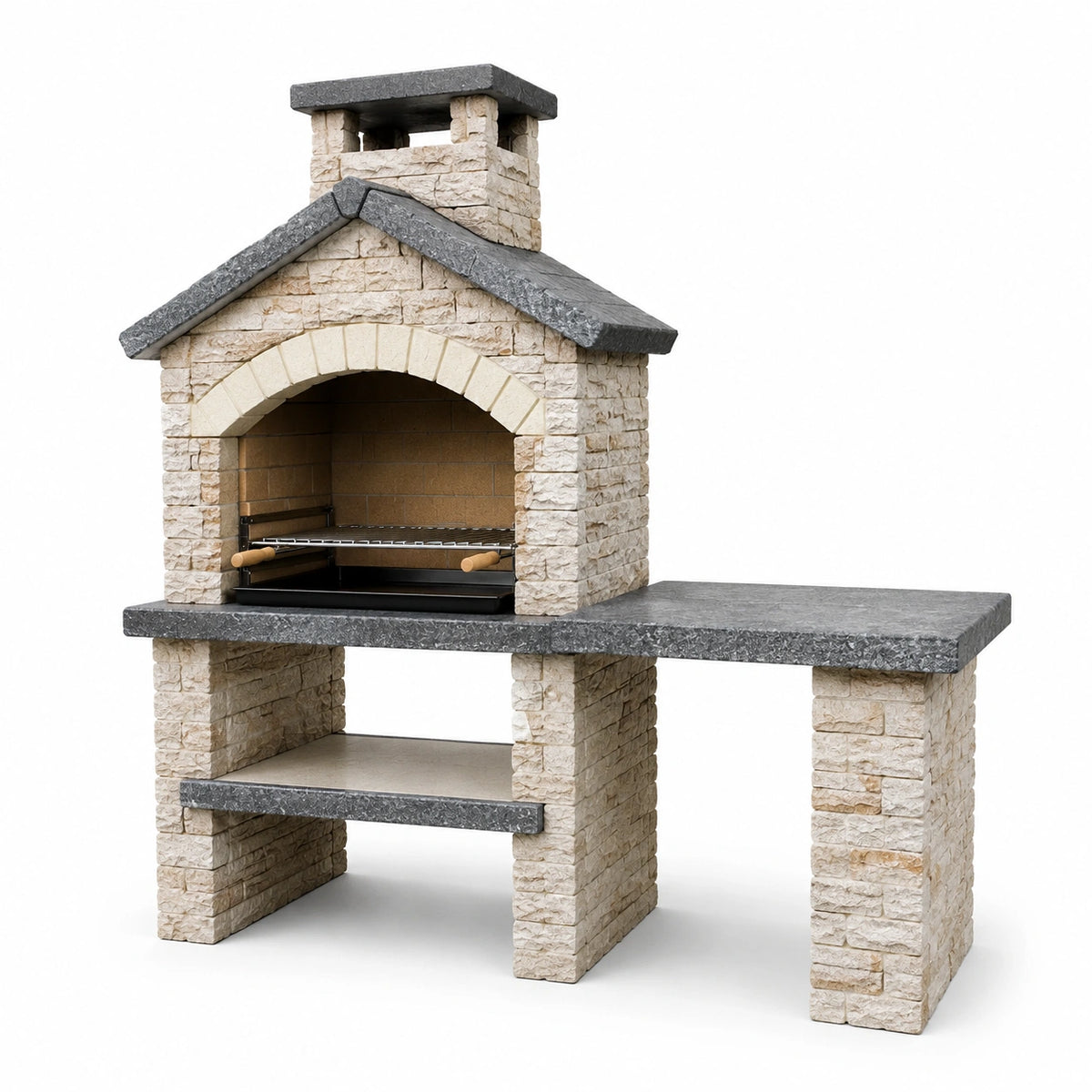 Stein-Grillkamin mit Arbeitsfläche und Rauchabzug, 170 x 75 x 220 cm, Beige/Grau/Schwarz