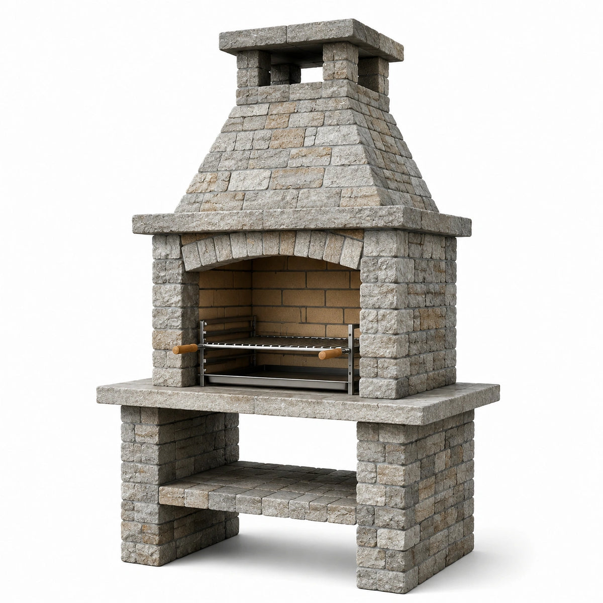 Rustikaler Außenkamin aus Naturstein mit Grillrost, Grau/Beige, 140 × 90 × 230 cm