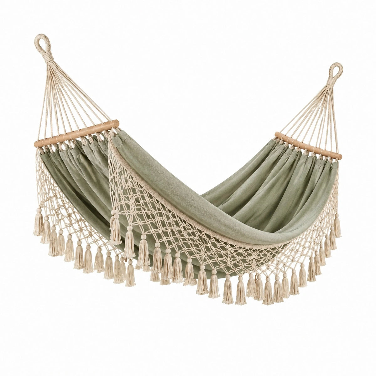Boho-Hängematte aus Baumwolle mit Makramee, Grün/Beige, 200 × 100 × 120 cm