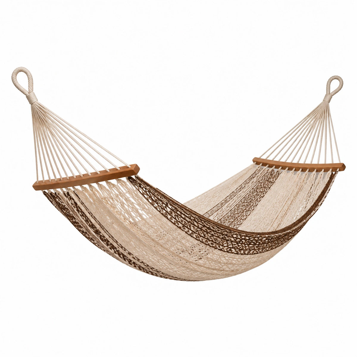 Hängematte aus Baumwollseil mit Holzspreizstäben, 300 × 80 × 5 cm, Beige/Braun