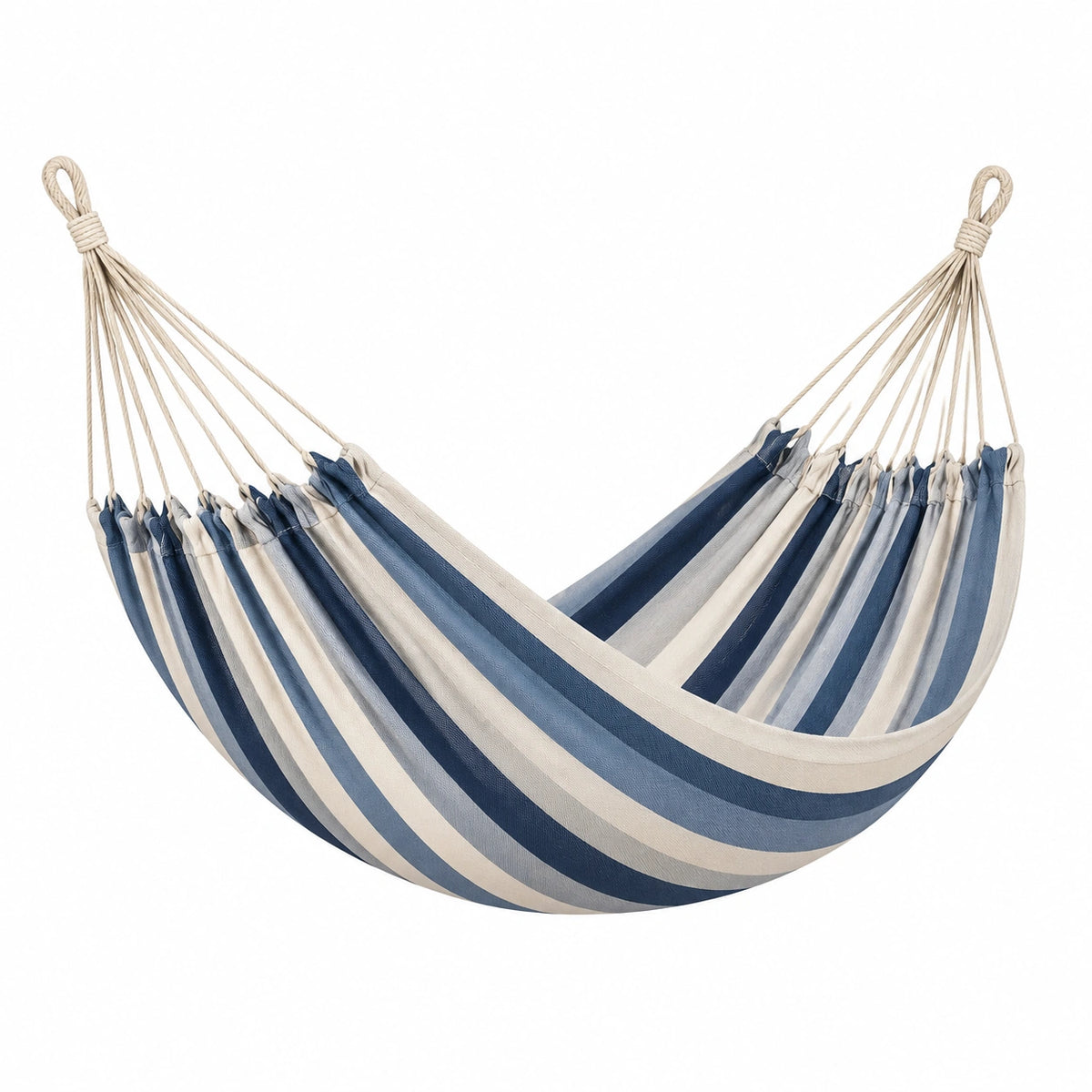 Gestreifte Hängematte aus Baumwollmischgewebe, 300 × 150 cm, Blau/Grau/Beige