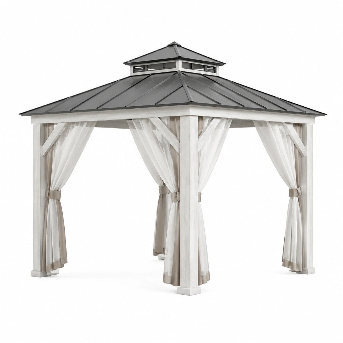 Gartenpavillon 300 x 300 x 300 cm in Weiß, Anthrazit und Beige mit Vorhängen und Belüftungsdach