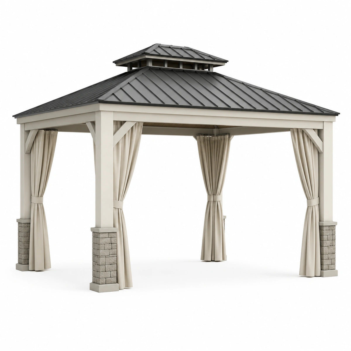 Wetterbeständiger Gartenpavillon 400 × 400 × 330 cm mit Vorhängen in Beige, Weiß, Anthrazit und Grau