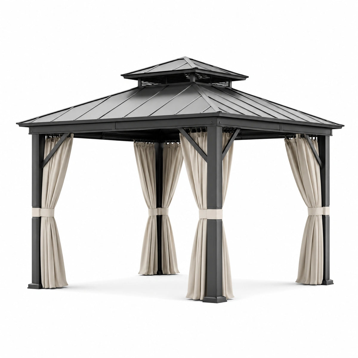 Pavillon 300 × 300 × 300 cm aus Metall in Anthrazit mit beigen Vorhängen und Belüftungsdach