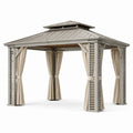 Gartenpavillon aus Metall 300 x 300 x 290 cm in Grau und Beige mit Doppeldach und Vorhängen