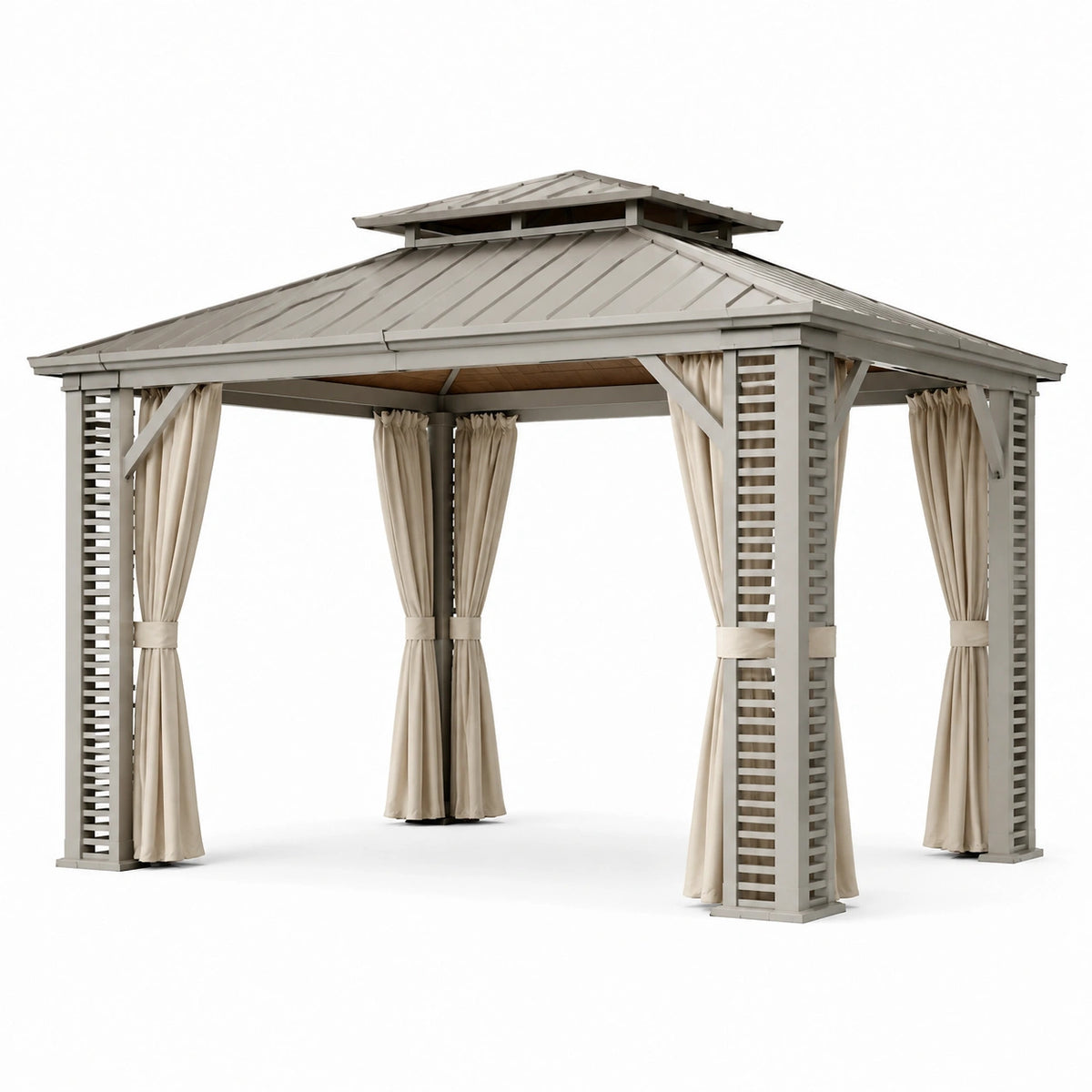 Gartenpavillon aus Metall 300 x 300 x 290 cm in Grau und Beige mit Doppeldach und Vorhängen