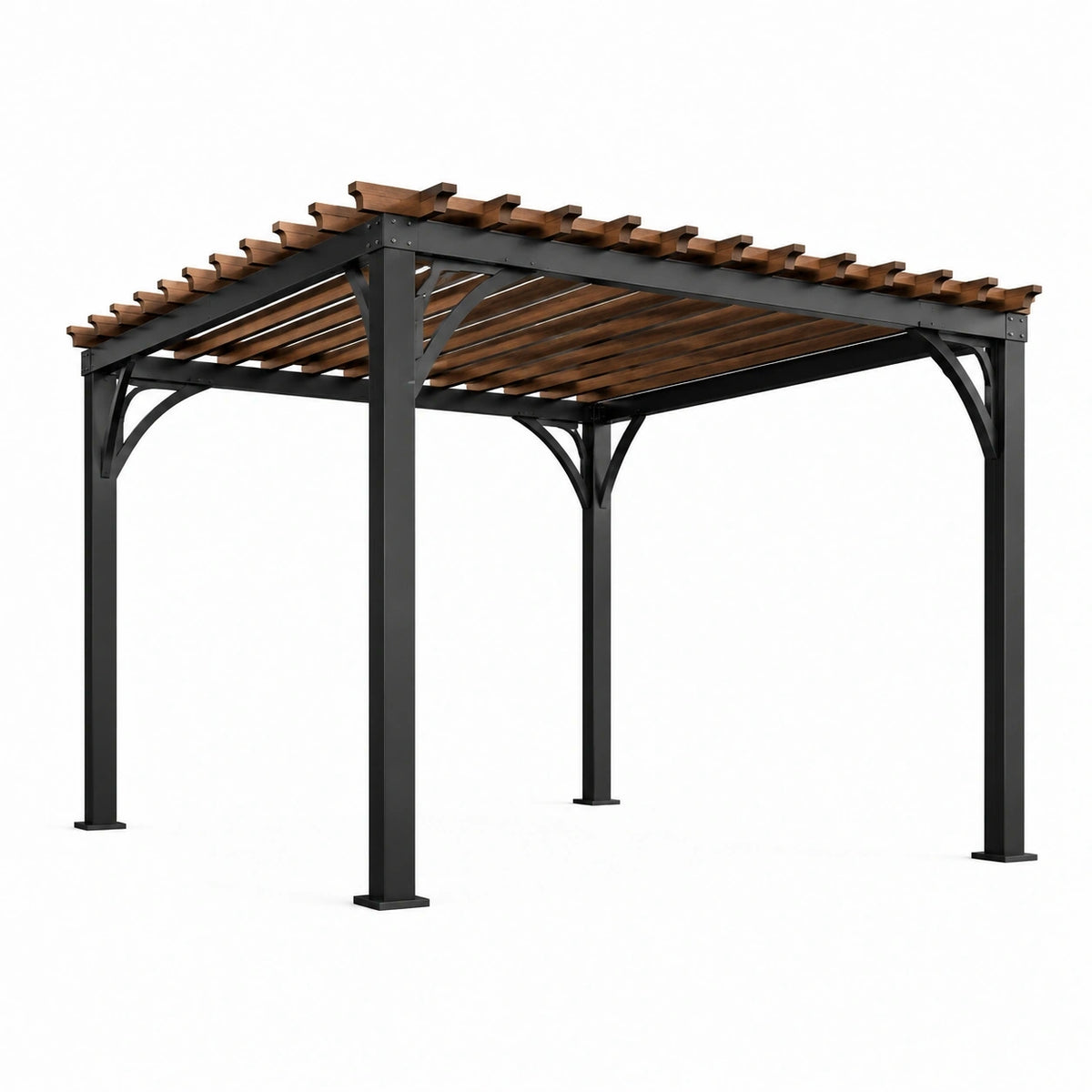 Pergola 300 × 300 × 250 cm aus Stahl und Holz mit offenem Lamellendach, Schwarz/Braun