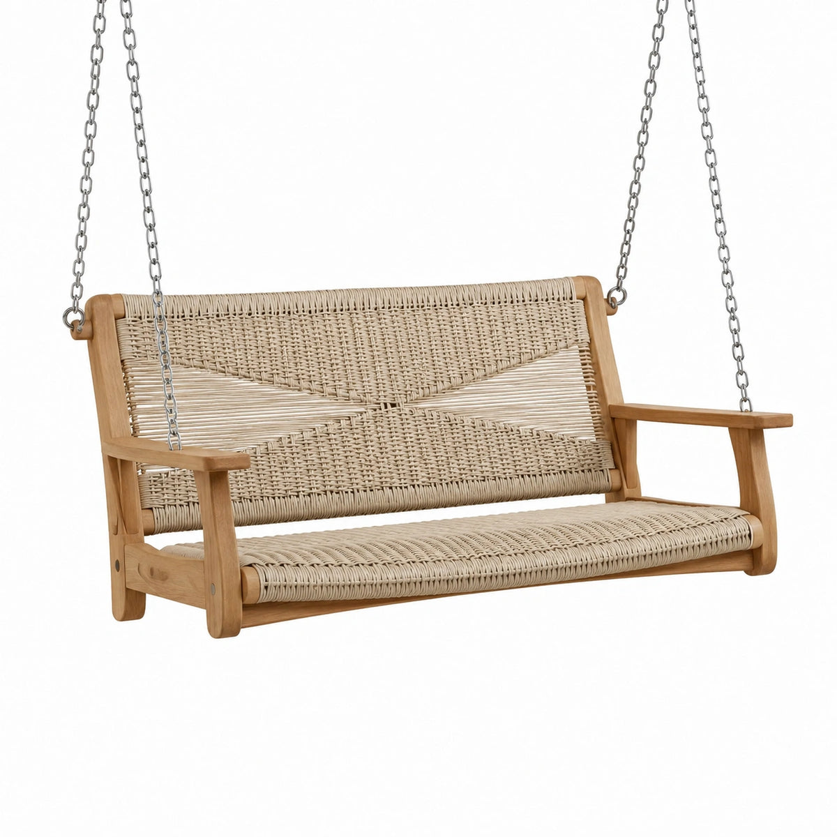 Hängesitzbank aus Holz und Geflecht, 120 × 65 × 60 cm, Natur/Beige/Silber
