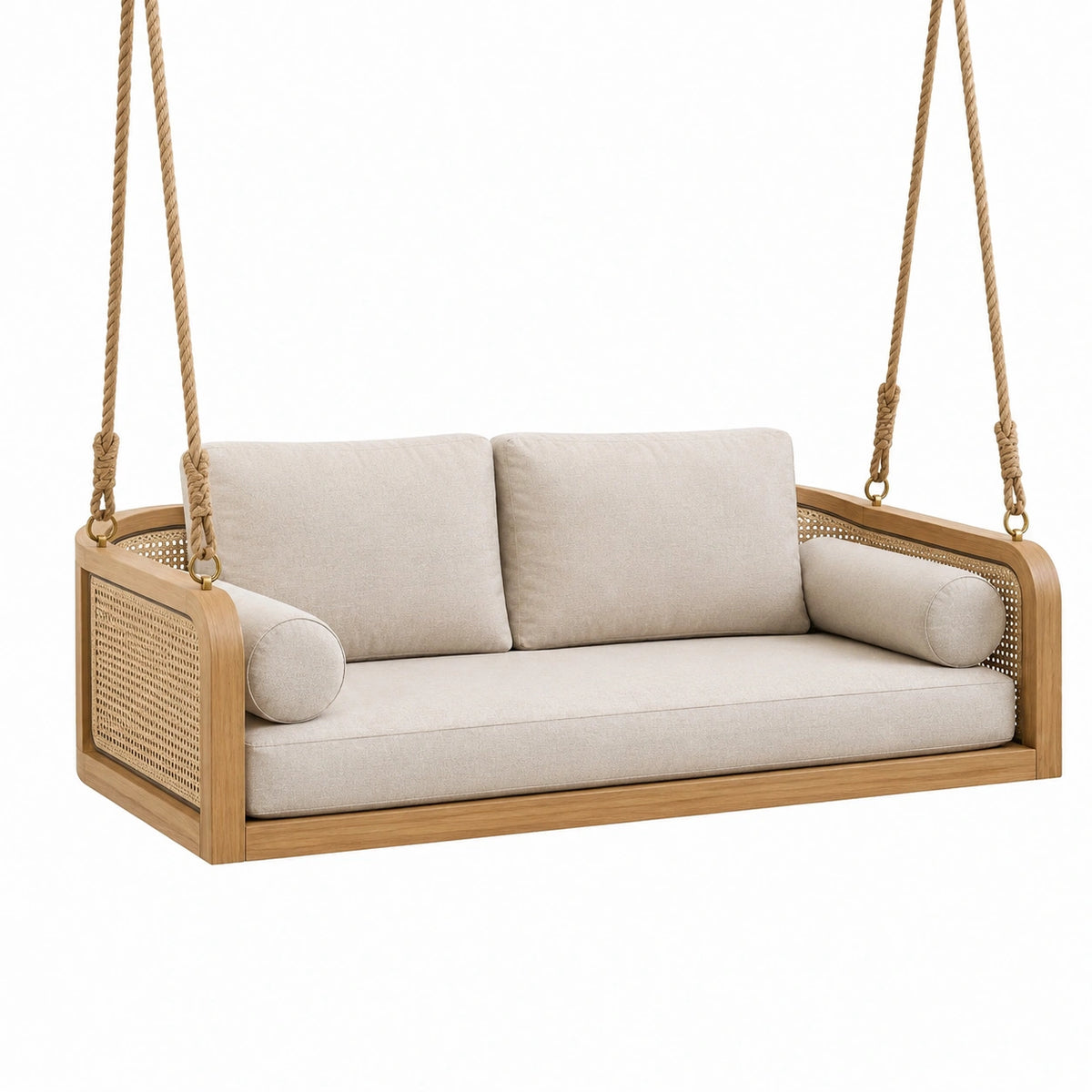 Hängesofa 140 × 75 × 70 cm aus Holz und Rattan mit Seilaufhängung, Beige/Naturbraun