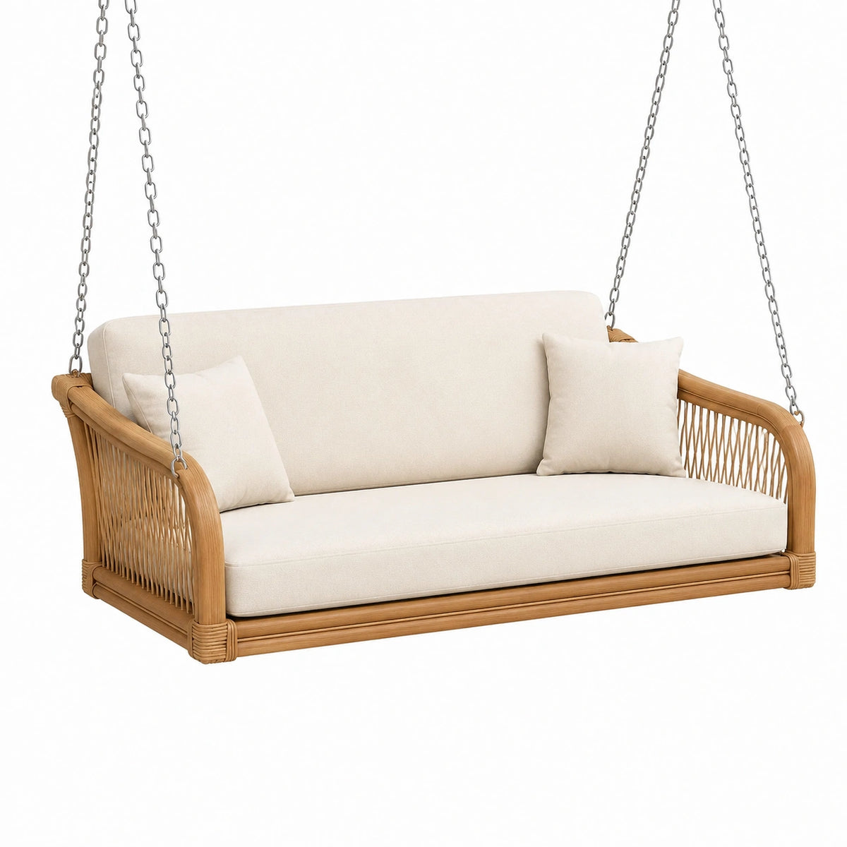 Rattan-Hängebank 150 × 75 × 65 cm Natur/Beige mit Metallketten und Kissen