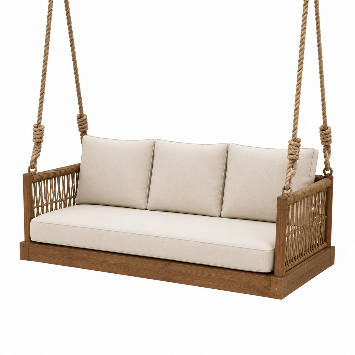 Boho-Hängesofa aus Holz und Seil, Beige/Braun, 180 × 75 × 65 cm